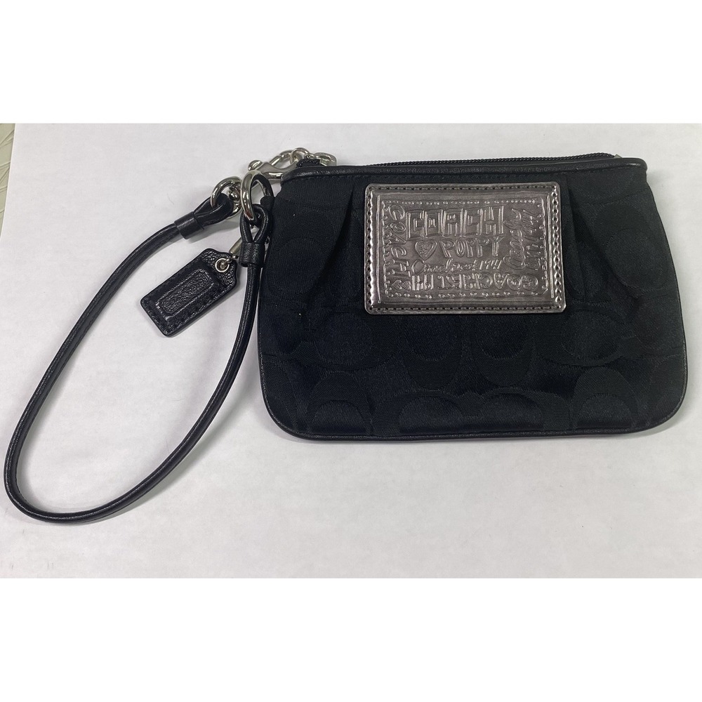 Coach Poppy Womens Black&Silver Signature Wristlet Wallet Purse 4x6"